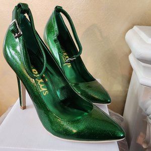 Shellys Starr Shimmer Green Ankle Strap Heel